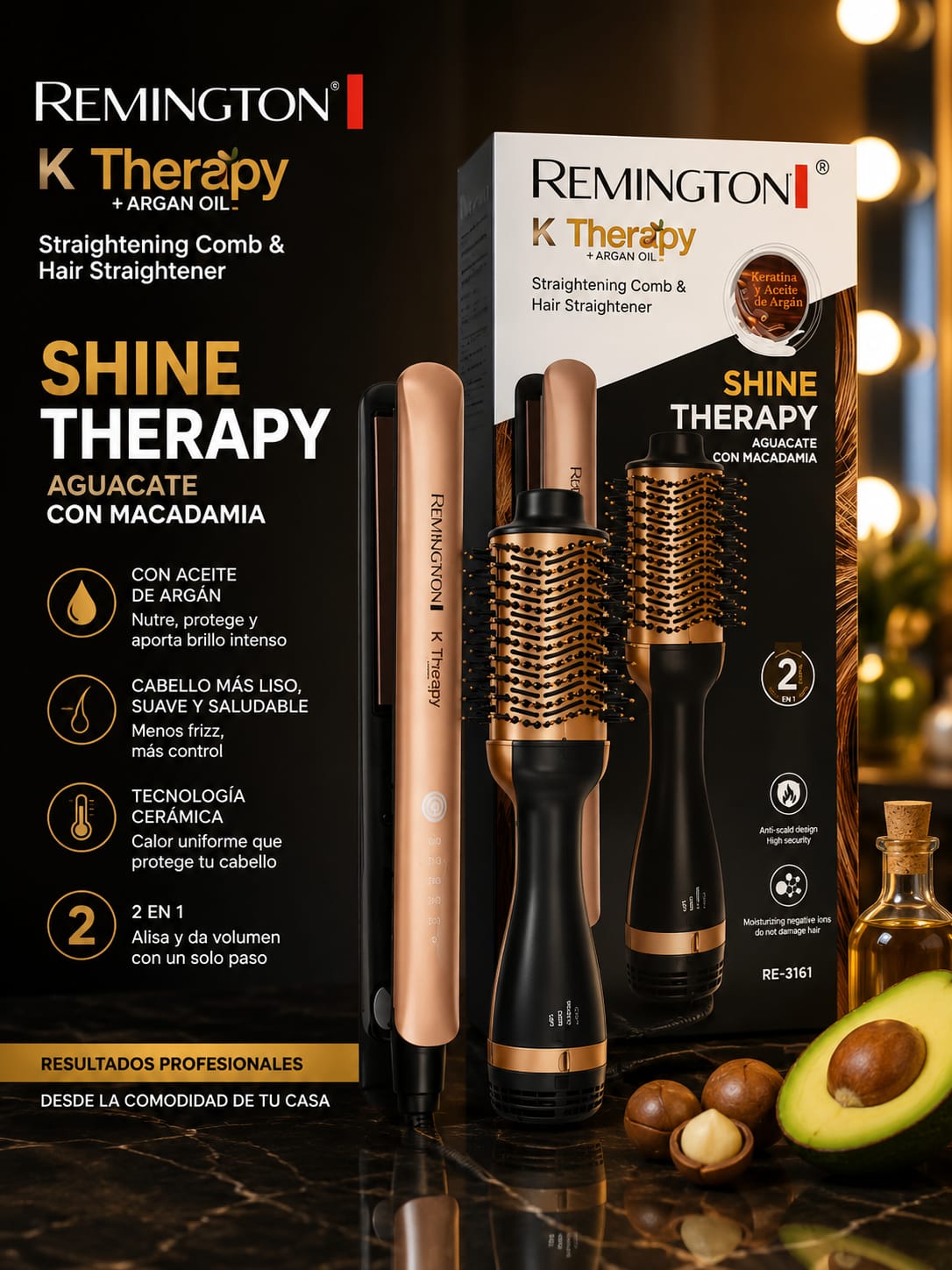 Combo 2 en 1 Plancha + Cepillo Secador Cabello RE-2562