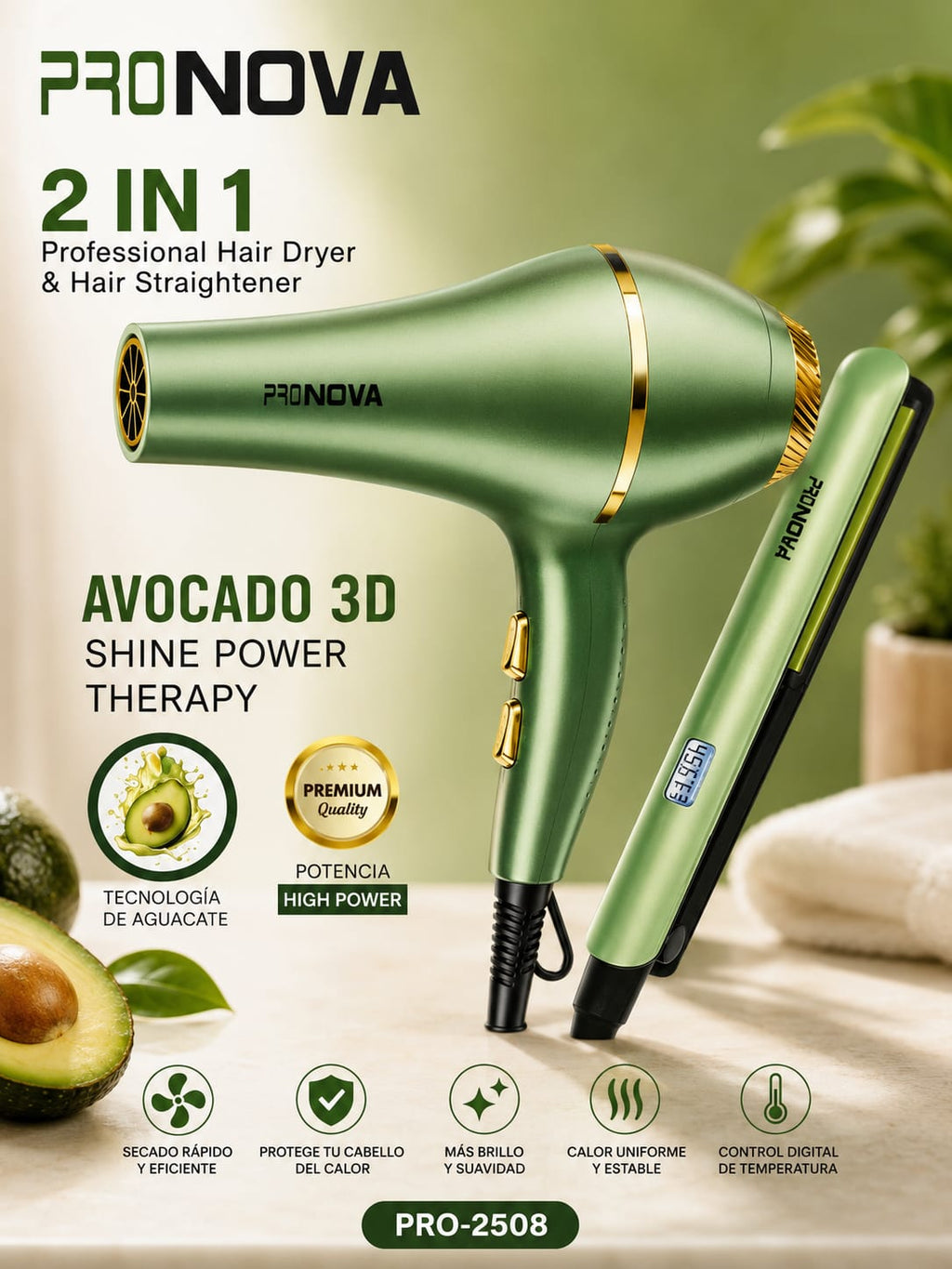 Secador Mas Plancha Pelo Profesional Combo 2 En 1 Pronova